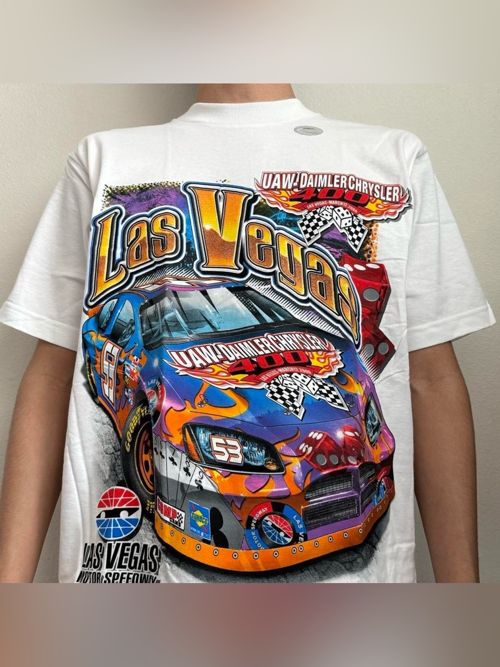 Vintage 2006 Las Vegas Motorspeed Nascar Racing Graphics White Tee Shirt AOP
